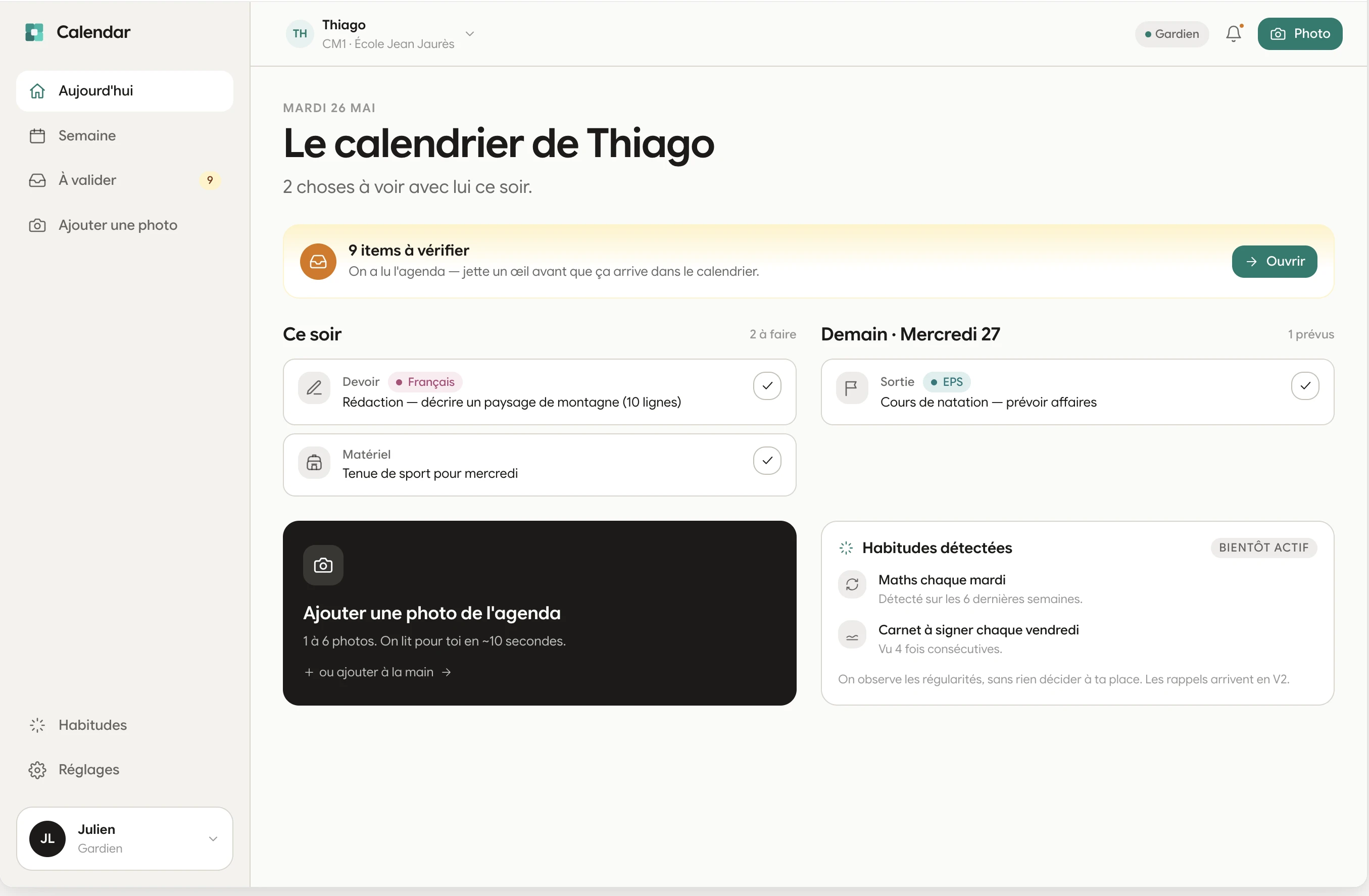 Koda Calendar — la journée de l'enfant rangée par matière, à partir d'une photo de l'agenda