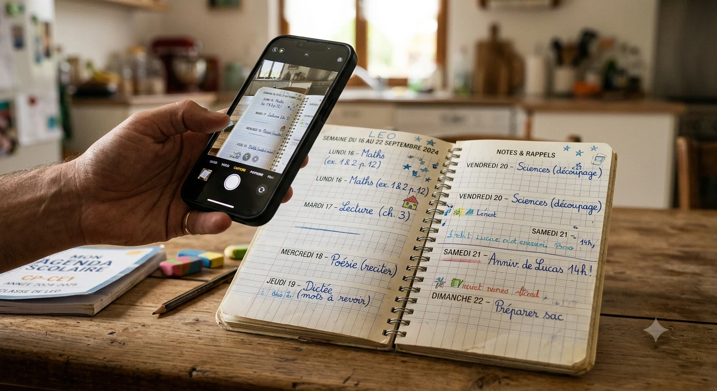 Une main photographie l'agenda scolaire manuscrit d'un enfant, posé sur la table de la cuisine